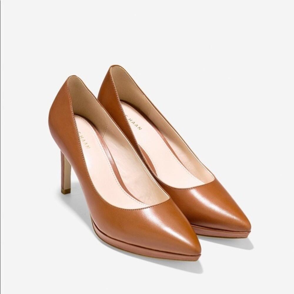 🆕 Cole‎ Haan Womens British Tan Idala II Leather Pointed Toe Platform Pump 9.5